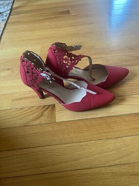 Beacon Red Laser-Cut T-Strap Heels